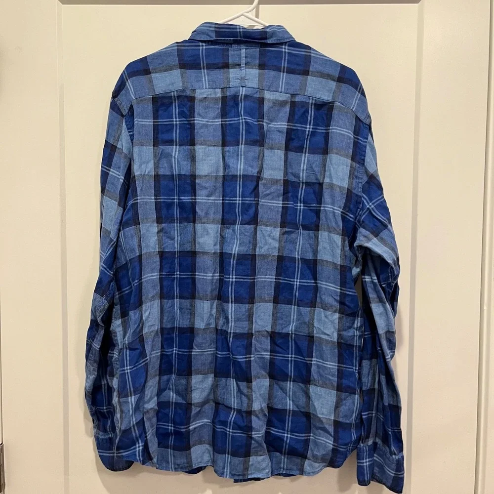 Banana Republic Camden Fit 100% Linen Blue Plaid Button Down Shirt Mens XL